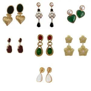 PEONY-C Vintage Earrings Antique Retro Earrings Gold Black Burgundy Jasper Earrings Drop Earrings Chandelier Long Earrings Baroque Bohemian Victorian Style Statement Earrings