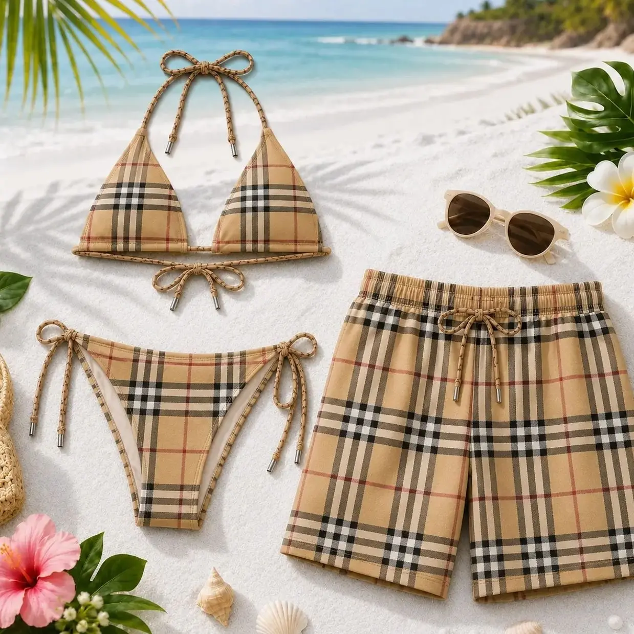 2026 Signature TB Matching Couple Swimwear Set - Women’s Viral Bikini, Men’s Beach Shorts, Ideal for Vacation Gifting