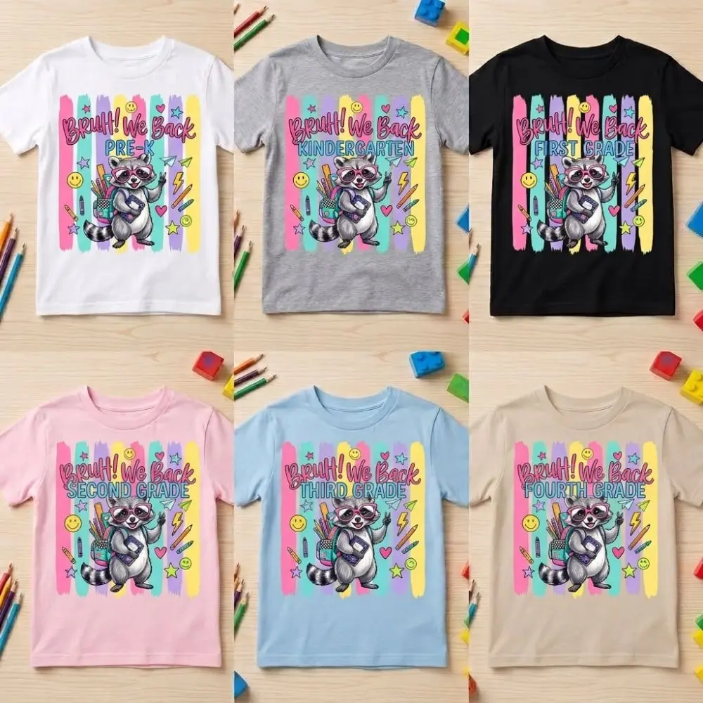 Cute Bruh! We Back School T-Shirt, Raccoon Backpack Graphic Tee, Back to School Outfit, Unisex Youth Shirt, Summer Outfit, Gift for Boys and Girls, Top, Womenswear, Casual Short Sleeve Graphic Tee
