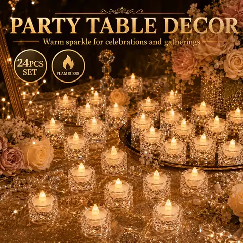 Shimmering Crystal LED Candles 24/48/72-Pack, Rechargeable Flameless Tea Lights with Shimmering Glow, 24-pc Shimmer Set for Mothers & Sisters, Grad 2026 Backdrop, Diamond-Style Home & Festive Decor Centerpieces