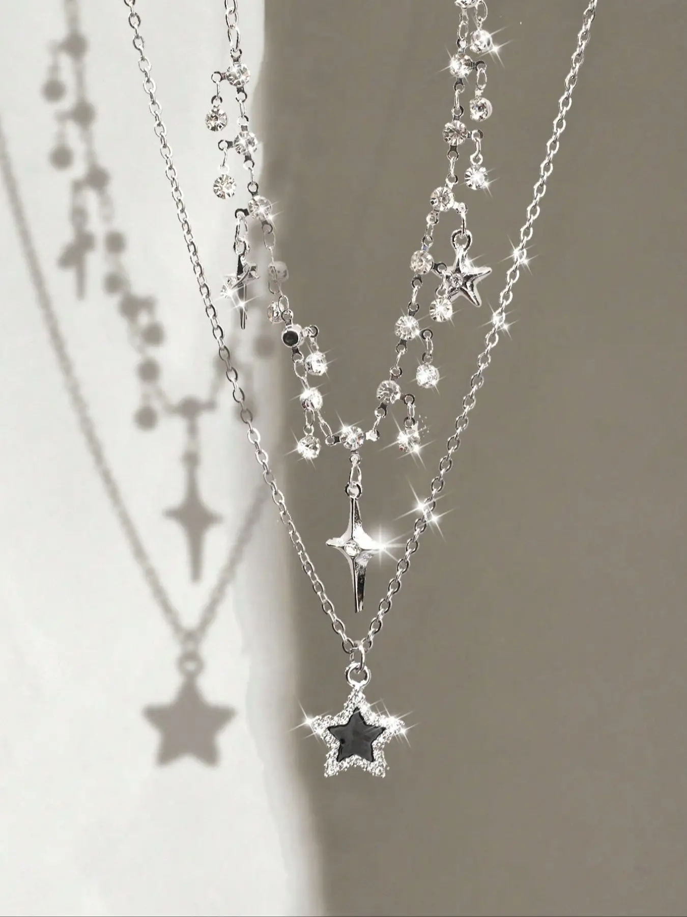 2pcs Dainty Star & Inlaid Layered Necklaces, Necklace Set, High-End Feeling, Cool & Chic Style, Trendy Cross Pendant, Sweet & Cool Combination, Dainty Layering Jewelry, Double Layered Jewelry, Dainty Fashion Jewelry