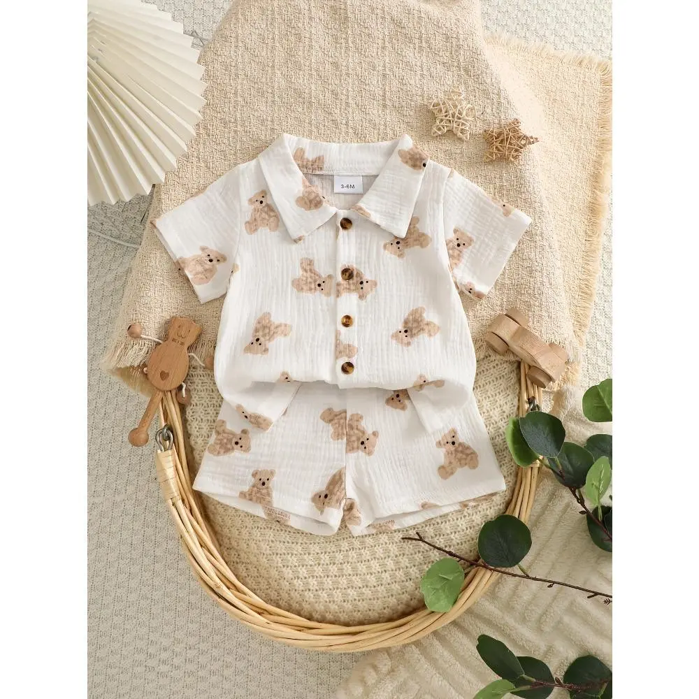 Sports Protective Gear Set, 2-Piece Pure Crinkle Cotton Teddy Bear Motif Outfit - Cute Loose Silhouette Shirt with Full Button Placket, Breathable Gentle Summer Sports Wear, Clothes, Whimsical