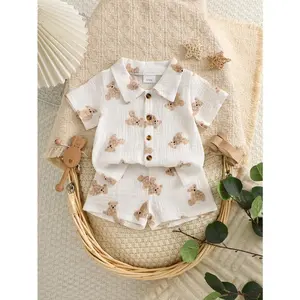 Pure Cotton 2-Piece Sports Protective Gear Set, Stylish Casual Shirt With Charming Little Bear Motif, Breathable Gentle Comfort For Summer Wear