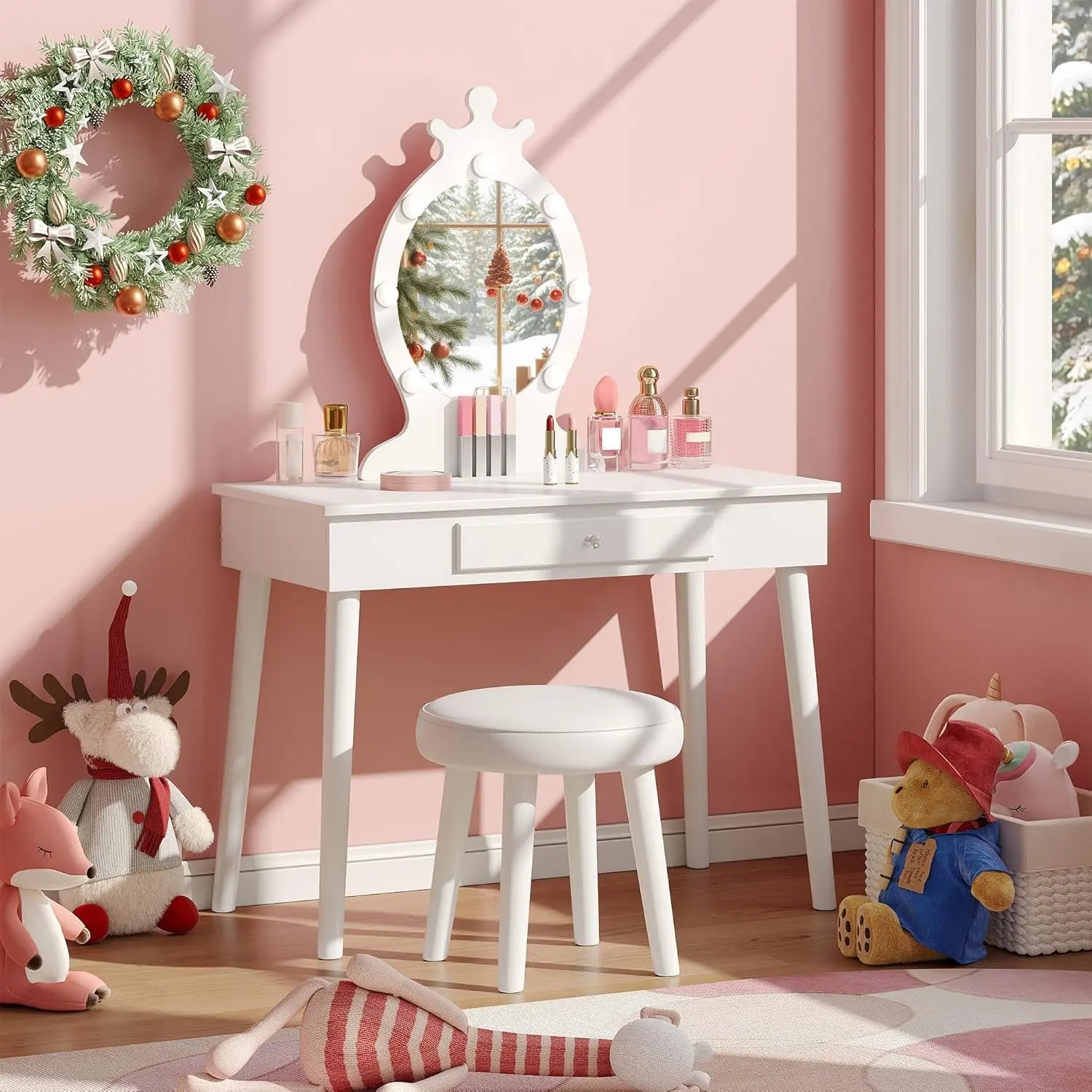 Girls' Modern Dressing Table Vanity Desk - Princess Theme, LED Lights Oval Mirror, MDF Board Single Drawer, Detachable Top, Stool, Safe Sturdy Construction, Easy Assembly & Cleaning, White 2-in-1 Kids' Bedroom Study Desk, Ideal Gift, Vanity Desk Furniture