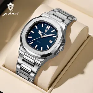 GOHUOS Spring Style Upgrade: Timeless Men’s Watches Men's Business Fashion Square Dial Quartz Watch, Casual Waterproof Stainless Steel Strap Luminous Analog Watch with Date & Week Display Function, Gift for Men