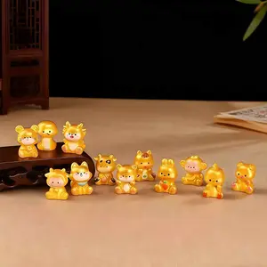 Golden Chinese Zodiac Animal Statue Set, Cute Resin Material, 12 Zodiac Statues, Home Office Decor, New Year Lucky Gift