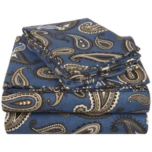 Impressions by Luxor Treasures  Cotton Flannel Twin Sheet Set Paisley- Navy Blue, Fitted Sheet, Flat Sheet, Cozy