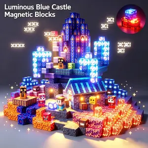 Light Up Magnetic Blocks 100/150 PCS - Glow in the Dark Magnetic Building Blocks Set, STEM Montessori Sensory Toy, Blue Castle 3D Educational Construction, Child-Safe Magnetic Tiles & Cubes for Age 3+ Boys Girls, Easter Christmas Birthday Gift