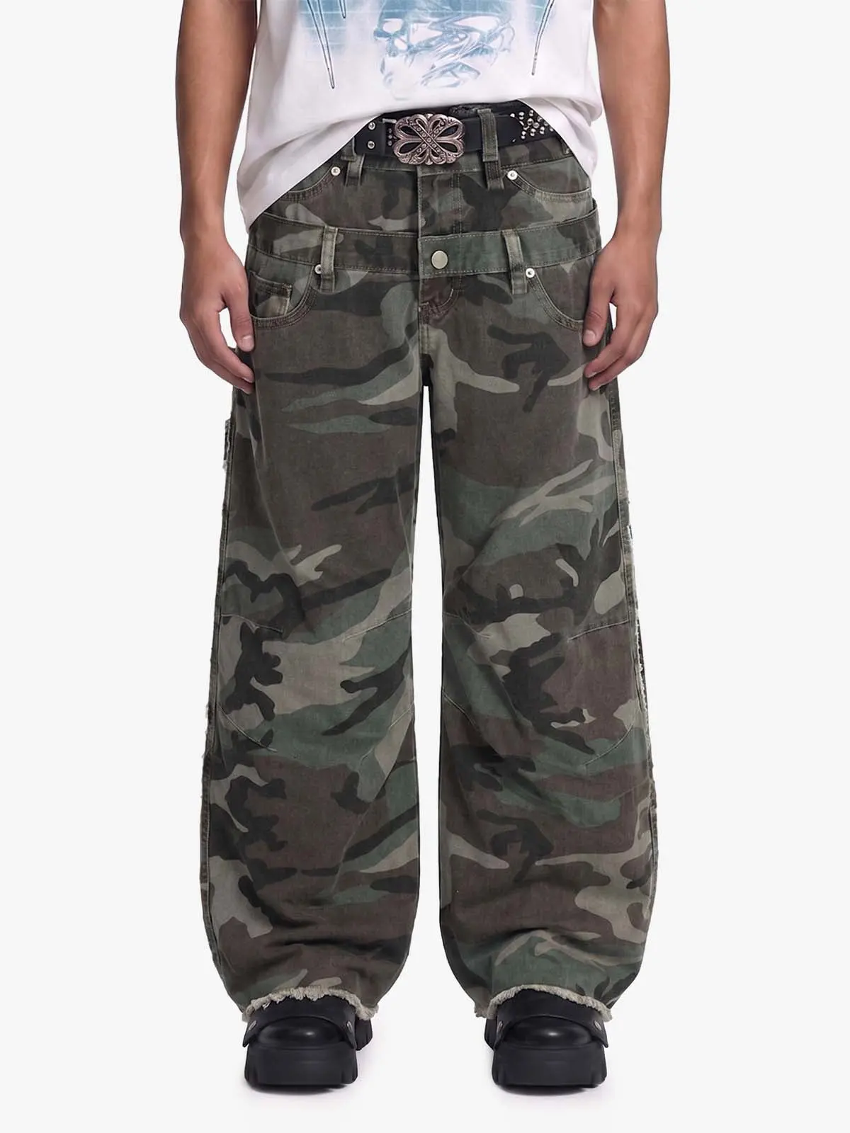 Thesupermade Retro Double Waist Camouflage Barrel Pants | Wide-Leg Camo Stacked Waistband Streetwear Pants Men Women
