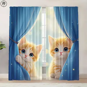 2 Piece Cat Print Curtains, Rod Pocket Design, Easy to Hang, Vibrant Semi-Transparent Privacy Curtains for Bedroom, Living Room, Kitchen