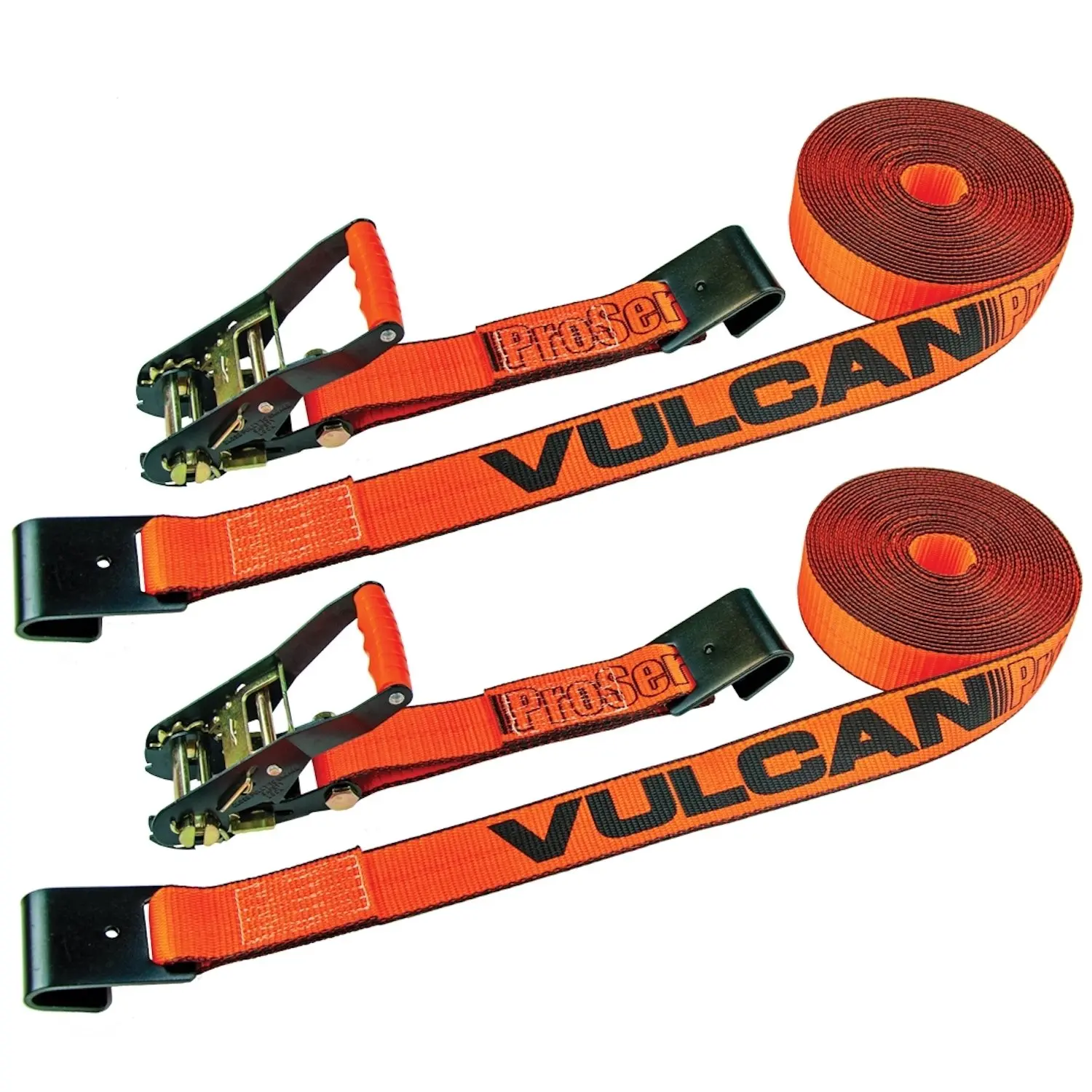 VULCAN Ratchet Strap with Flat Hooks - 2 Inch x 27 Foot - 2 Pack - PROSeries - 3,300 Pound Safe Working Load Coated End Fittings Flatbed Trailer