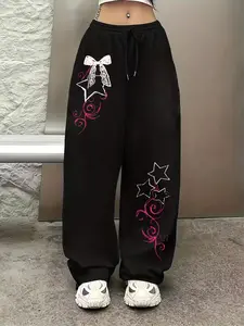 “Women's Oversized Black Jogger Pants Y2K Pastel Goth Cute Grunge | High-Waisted Baggy Sweatpants with Bow Star Lace Print | E-Girl Aesthetic Streetwear | Trendy Gothic Casual Lounge Daily Wear Bottoms – Oversized Baggy Joggers for Women”
