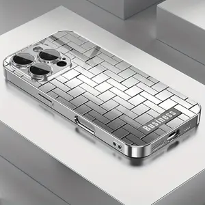 Men's Exclusive High-End Luxury Glass Phone Case, Featuring Silver and Black Gradient Metal Geometric Design, Suitable for iPhone 17 16, 15, 14, 13, 12, 11 Plus Pro Max