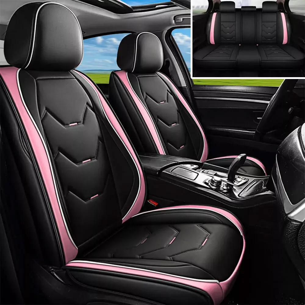 OTOEZ Pink PU Leather Car Seat Covers 5 Seats with Headrests Lumbar Support Cushion Protector Waterproof Girly Car Accessories Car Back Seat Cover, Auto Seat Protectors