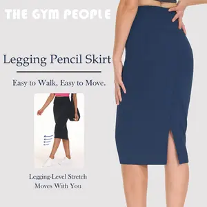 THE GYM PEOPLE Women's High Waist Tummy Control Legging Pencil Skirt - Stretchy Bodycon Midi Skirt with Back Slit, Office to Party Versatile Slim Fit Sexy Formal Skirts Minimalist Womenswear Bottom