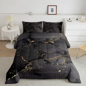 Black Marbling Bedding Gold Metallic Sequin Comforter Set,Dark Grey Marble Bedding Comforter Sets,Abstract Aesthetic Artwork Duvet Insert