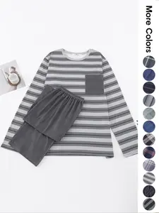 Two-Piece Set Men's Striped Print Long Sleeve Tee & Solid Elastic Waist Pants Pajama, Regular Fit Casual Comfy Round Neck Chest Pocket Design Top & Trousers PJ Set, Men's Sleepwear for Spring & Fall