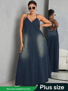 【plus size】 women's cami denim dress, casual elegant plus size sleeveless spaghetti strap long dress for daily wear, women's plus clothing for summer, womenswear, casual modest bohemian fashion