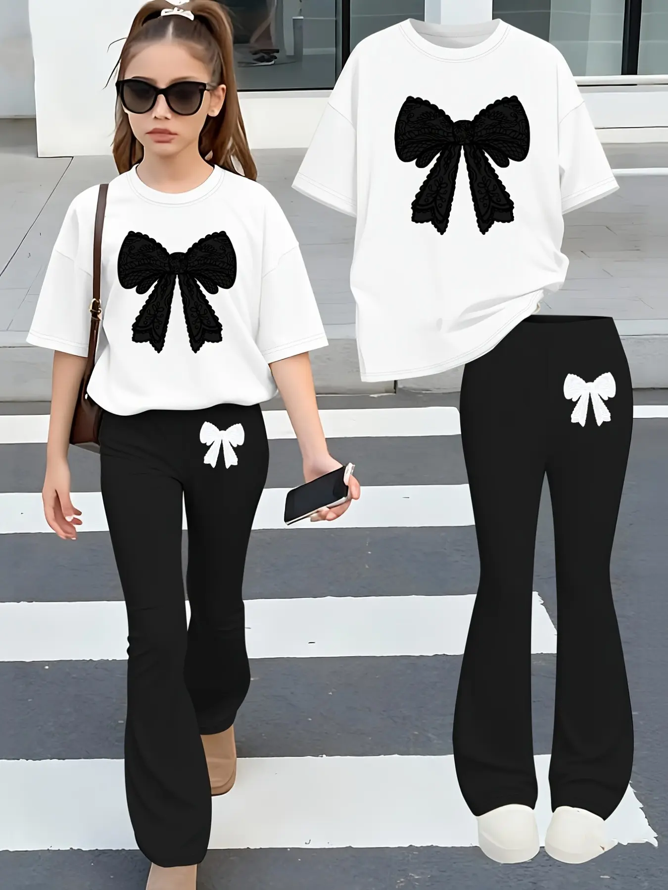 Girls Summer Fashion Print Drop Shoulder Short Sleeve Round Neck T-Shirt + Elastic Bell Bottom Pants Set, Cute Style, All Seasons, Summer Outfits Set