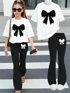 Girls Summer Fashion Print Drop Shoulder Short Sleeve Round Neck T-Shirt + Elastic Bell Bottom Pants Set, Cute Style, All Seasons