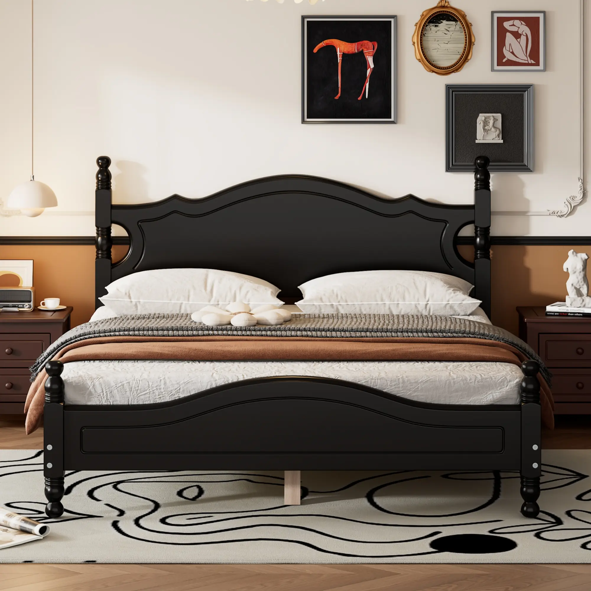 Retro Queen Bed Frame with Headboard, Wooden Construction Platform Bed, Slat Support for Bedroom, No Box Spring Needed