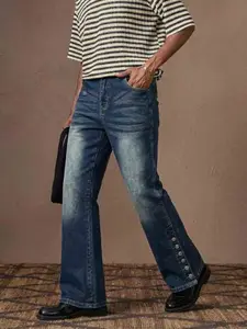 Men's Stretch Flare Jeans Vintage Washed Denim Pants With Metal Buttons Decor On Hem Casual Streetwear Trousers