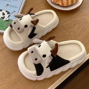 Women's Open Toe Indoor Slippers, Handmade PVC Thick Sole Four Seasons Slippers, Cute Cartoon Cow Linen Slippers