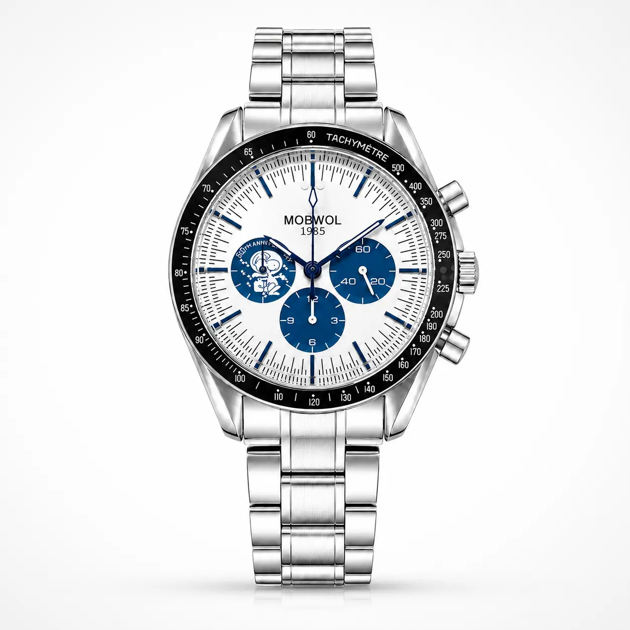 Men’s Chronograph Watch, Stainless Steel Quartz Wristwatch with Blue Panda Dial and Tachymeter Bezel, Luxury Sport Dress Watch, Gift for Him