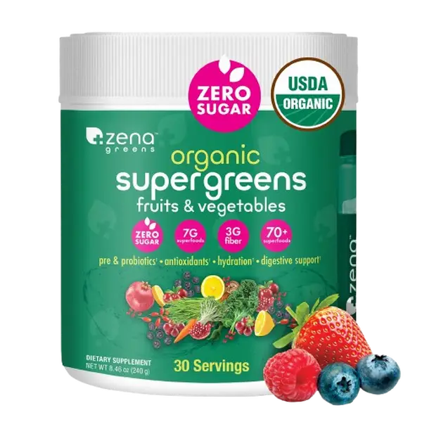 Zena Nutrition Organic Supergreens Powder - 30 Servings USDA Certified Zero Sugar Antioxidants Fiber Probiotics Digestive Enzymes Health Supplement for Fitness & Optimum Nutrition - Nutrients