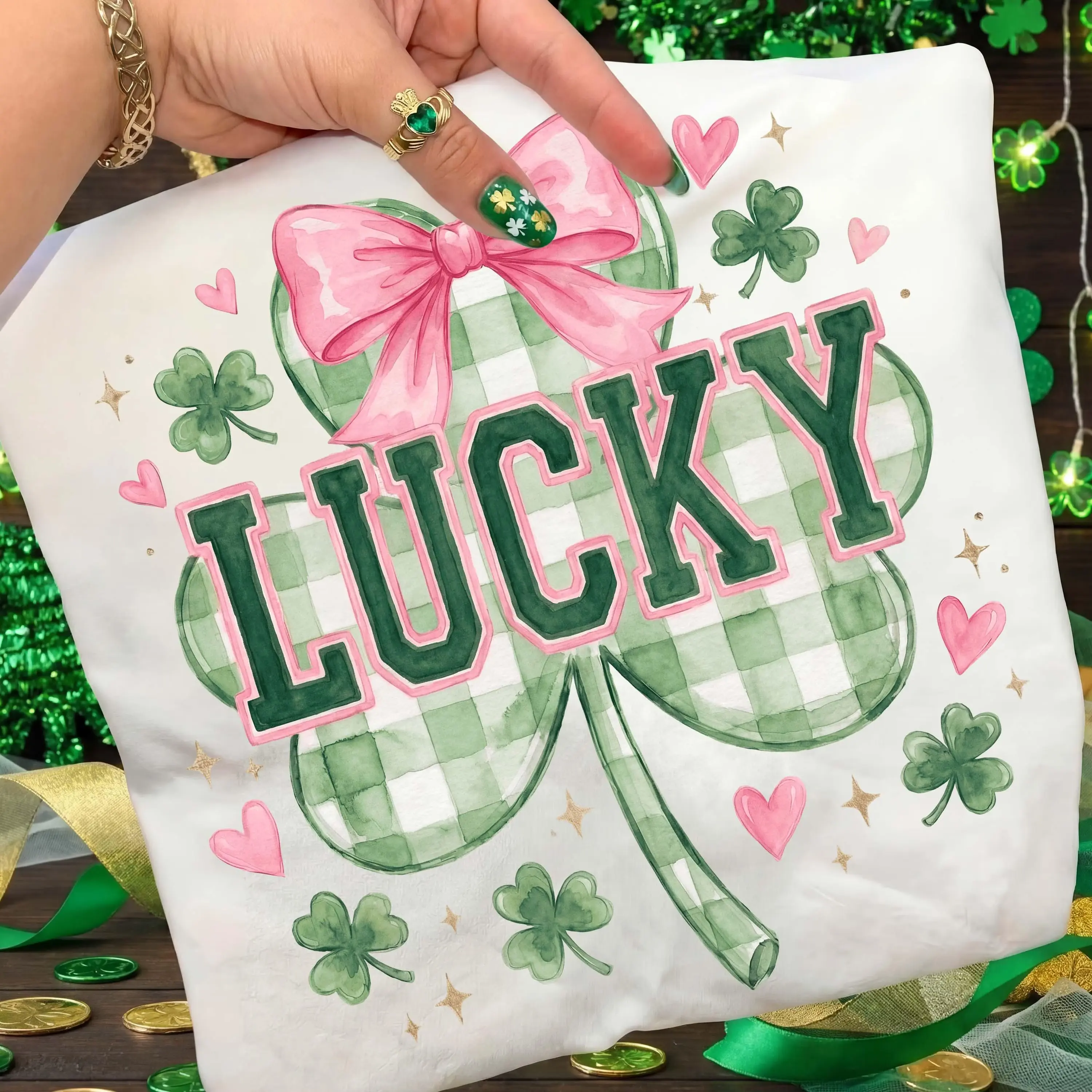 Youth & Adult Preppy Lucky St Patrick’s Day Shirt, Retro Coquette Lucky Clover Tee, Shamrock Graphic T-Shirt, Trendy Irish Aesthetic Top, Cute St Paddy’s Day Outfit Gift