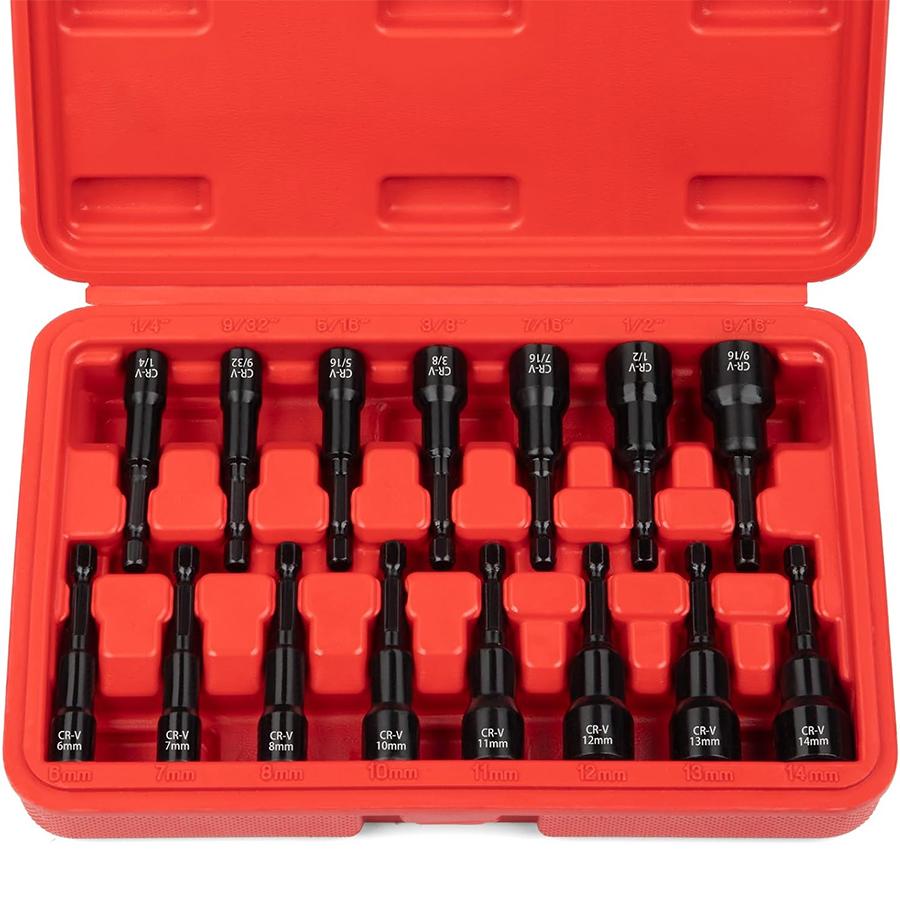 15-Piece Magnetic Nut Driver Set Chrome Vanadium Steel 1/4" Hex Shank Impact Resistant SAE 1/4"-9/16" Metric 6-14mm Hand Tools for Auto Repair, Home Maintenance, Furniture Assembly and Garage Workshop