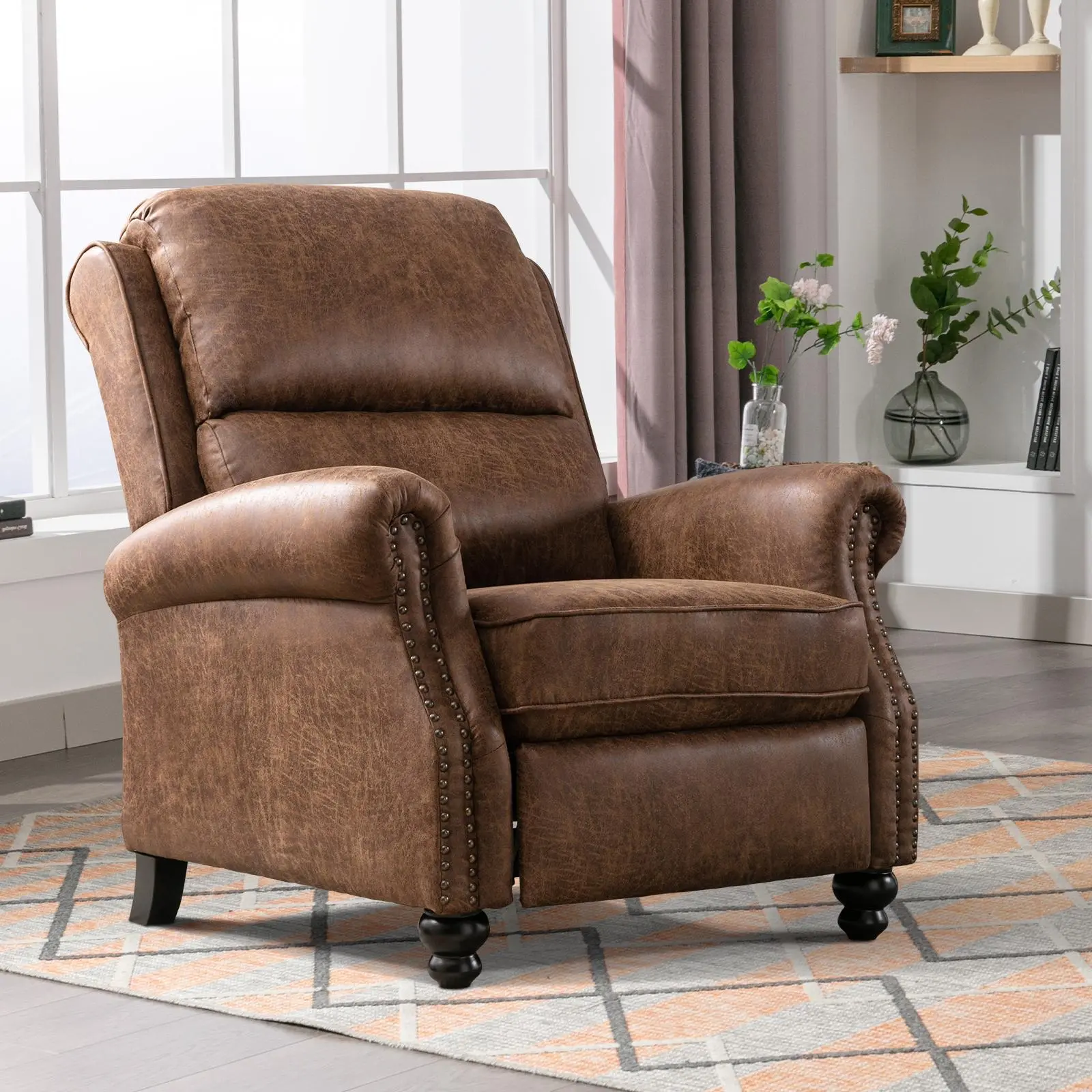 EBELLO Traditional Pushback Recliner Chair - Chocolate PU Leather Armchair with Rivet Decoration, Adjustable Back Single Classic Modern Accent Sofa for Living Room, Study (31"w × 30"d × 40"h)