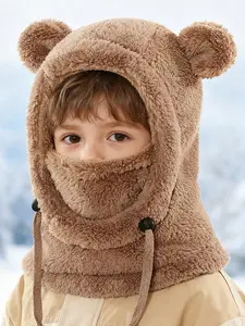 Kids Winter Plush Hat Upgraded Dual-Ear Design, Windproof Thermal Full-Face Mask, Soft Fleece for Ages 3-10, Casual Cartoon Pattern