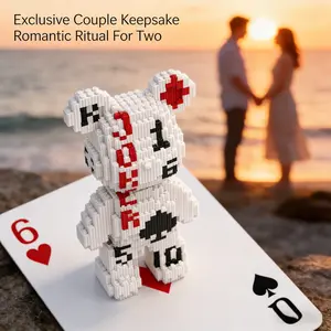 Block Toy Model Lucky Card Bear, 27cm/10.63inch Building Block Hammer & Manual Included, Desktop Decoration, DIY Craft Gift