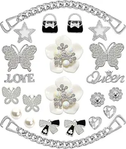 22pcs Silver Shoe Charms – Bling Butterfly, Pearls, Flowers, Bows & Chains DIY Decor for Girls