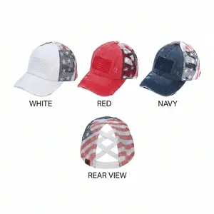 Patriotic Criss-Cross Ponytail Baseball Cap | American Flag Distressed Trucker Hat