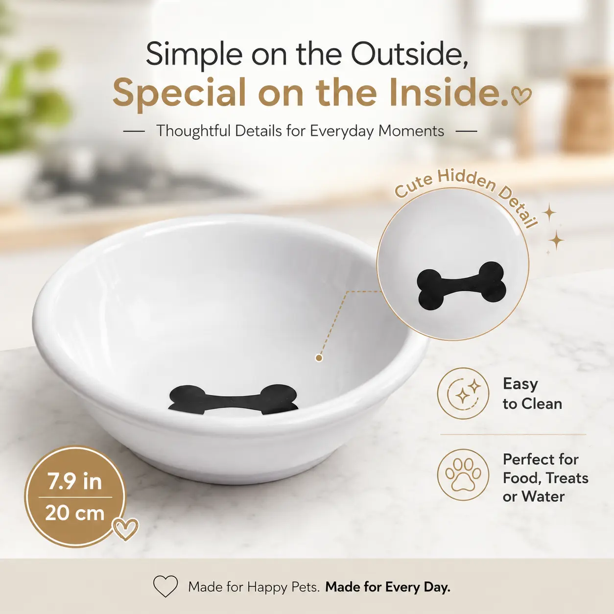 Ceramic Dog Bowl with Bone Pattern, White Porcelain Pet Food and Water Bowl for Small Dogs, Cats and Puppies