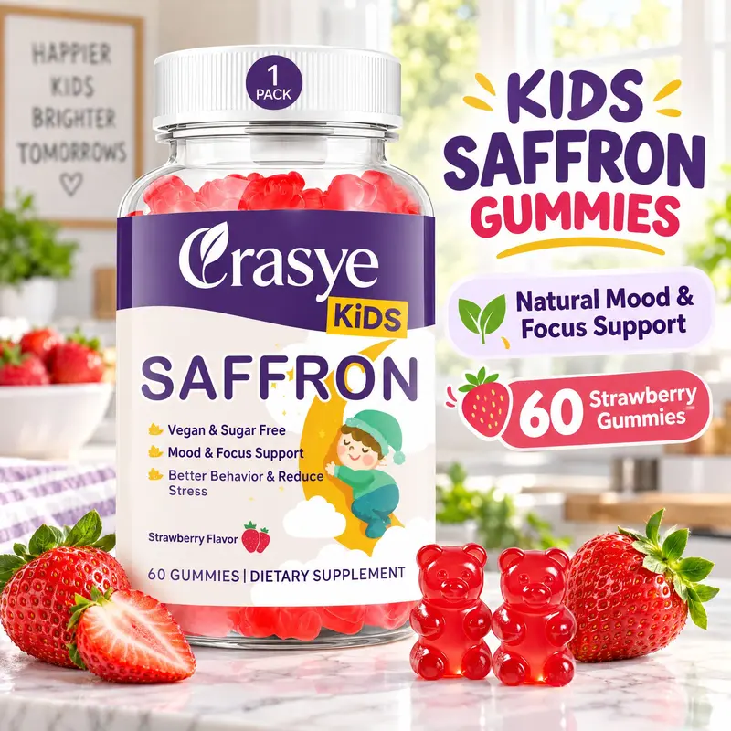 Crasye Kids Saffron Gummies | Organic Strawberry Gummies | Sugar Free Vegan Kids Wellness Supplement | 60 Gummies