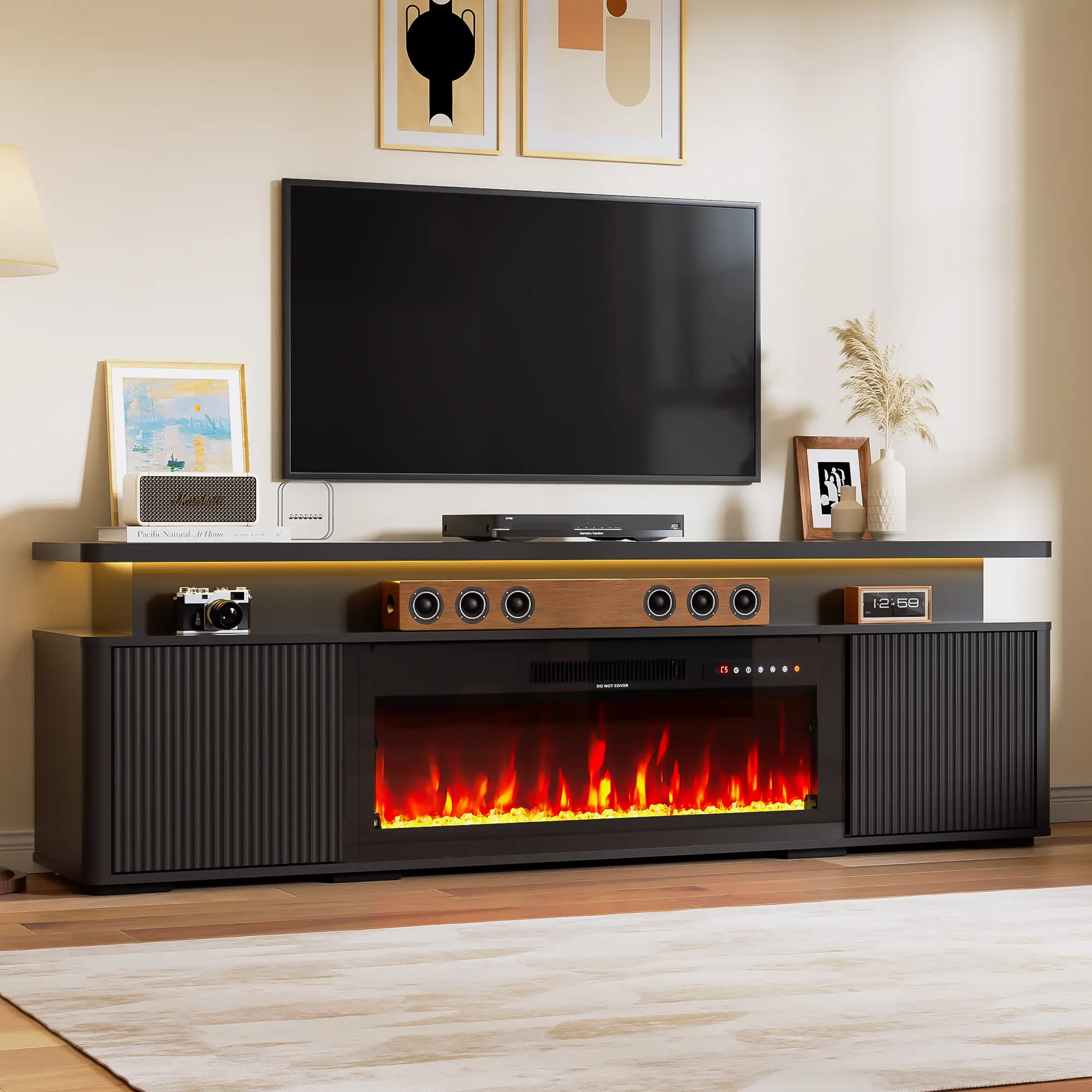 【2 Packages Shipping】AHB 70" Wide Contemporary Fireplace TV Stand - 36" Electric Fireplace Heater, Ambient LED Lights, Storage Cabinet Media Console, Bedroom Furniture, Fits 80" TVs, 2-Package Shipping, Fireplace Tv Stands homeessentials