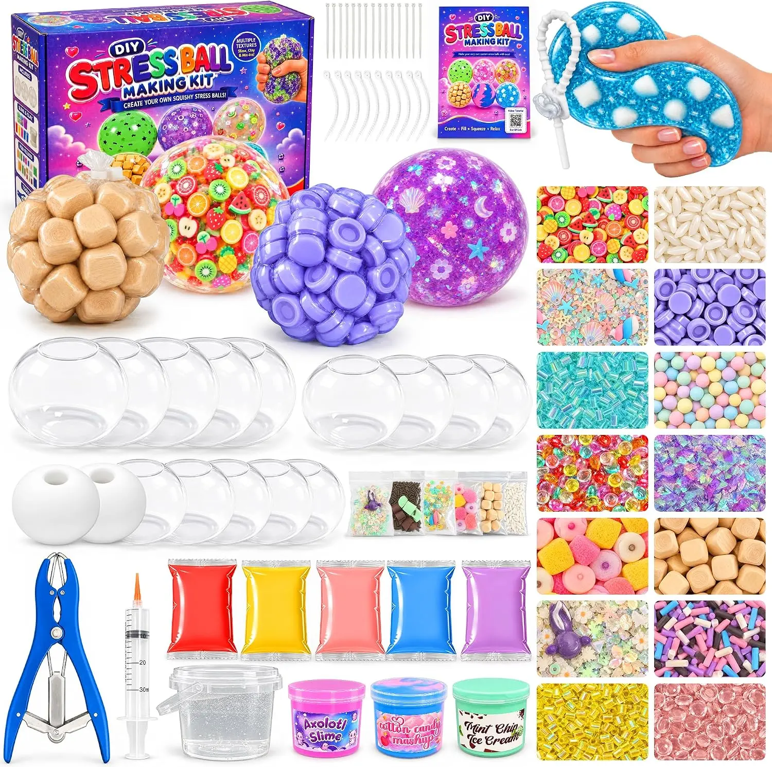 Funewest DIY Stress Ball Squishy Making Kit, 16 TPR Skins & 24 Fillers Create Custom ASMR Fidget Toys with Beads, Glitter & Sensory Materials, Handmade Squishy Craft Relief Gift for Teens Adults