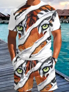Men's beach pants set, street-style personalized tiger head print set, short-sleeved and short pants, loose and breathable, summer eye-catching two-piece set