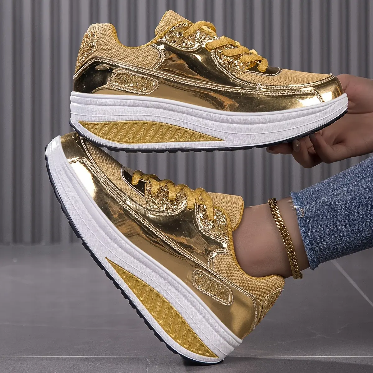 Women's Gold Sequins Sneakers - Body Enhancing Platform Shoes with Non-Slip EVA Sole, Breathable Mesh Upper and Lining - Stylish Low Lace-Up Design for Festivals, Outdoor Events and Casual Wear, Casual Shoes | Striking Footwear | Durable EVA Sole