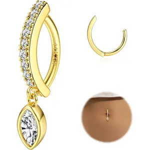 14K Gold Plated Belly Button Rings for Women Clicker Dangle Belly Rings CZ Pearl Star Shells Barbell Navel Rings 316L Surgical  Belly Piercing Jewelry 14G
