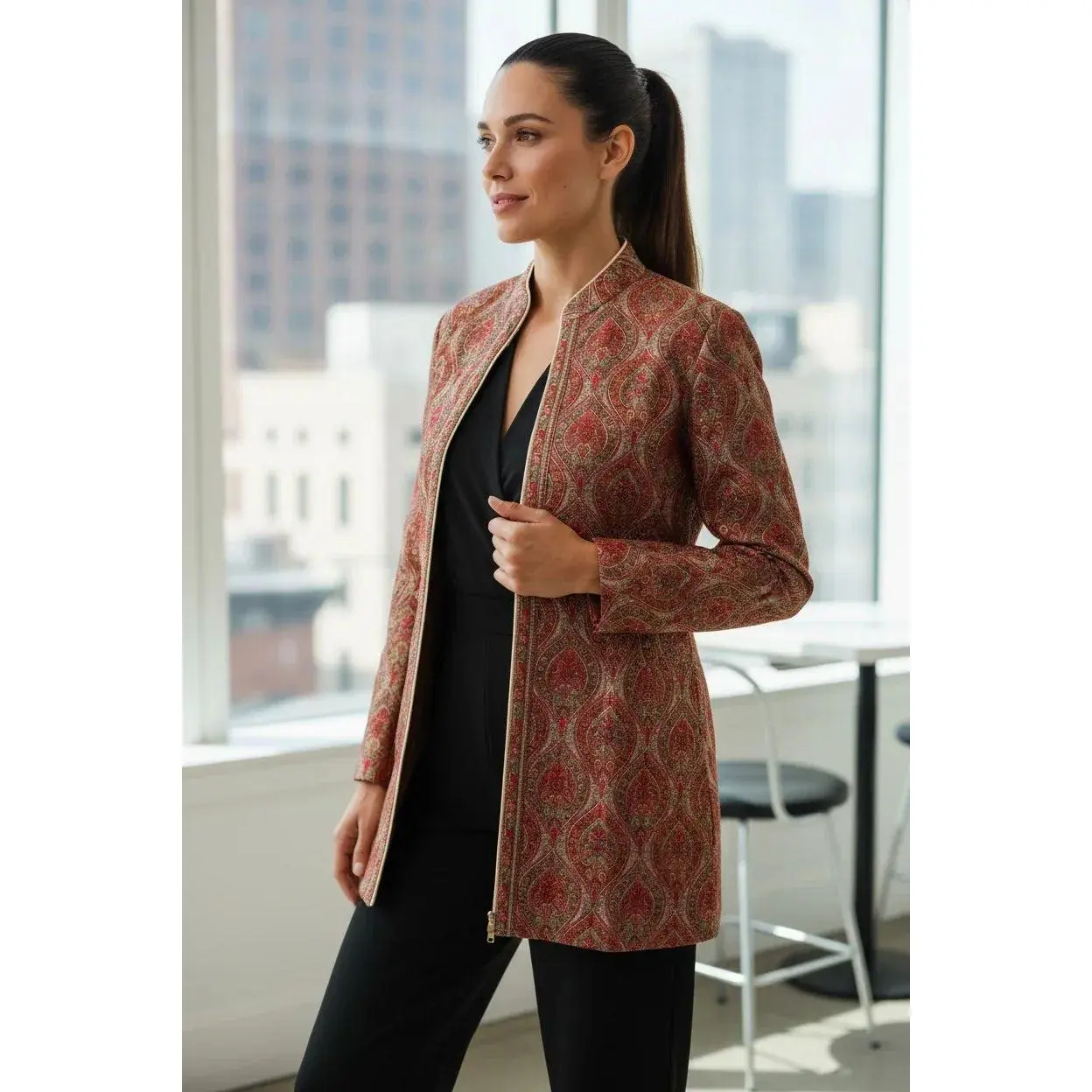Red Paisley Print Woolen Indo-Western Jacket for Women | Elegant Winter Workwear Jacket – BeautySutra by Shikha