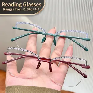 Unisex Rimless Cat Eye Glasses, Adjustable Strength +1.0 to +4.0, Clear Transparent Vintage Floral Design, Frame Type Framed