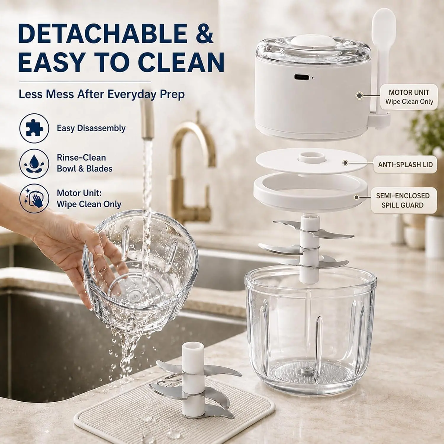 350ml Premium Cordless Glass Food Chopper - USB-C Rechargeable 6-Blade Mini Processor