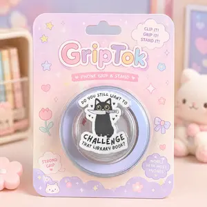 Funny Black Cat Library MagSafe Phone Grip, Cute Reading Cat Magnetic Pop Socket Stand for Book Lovers & Kindle Readers