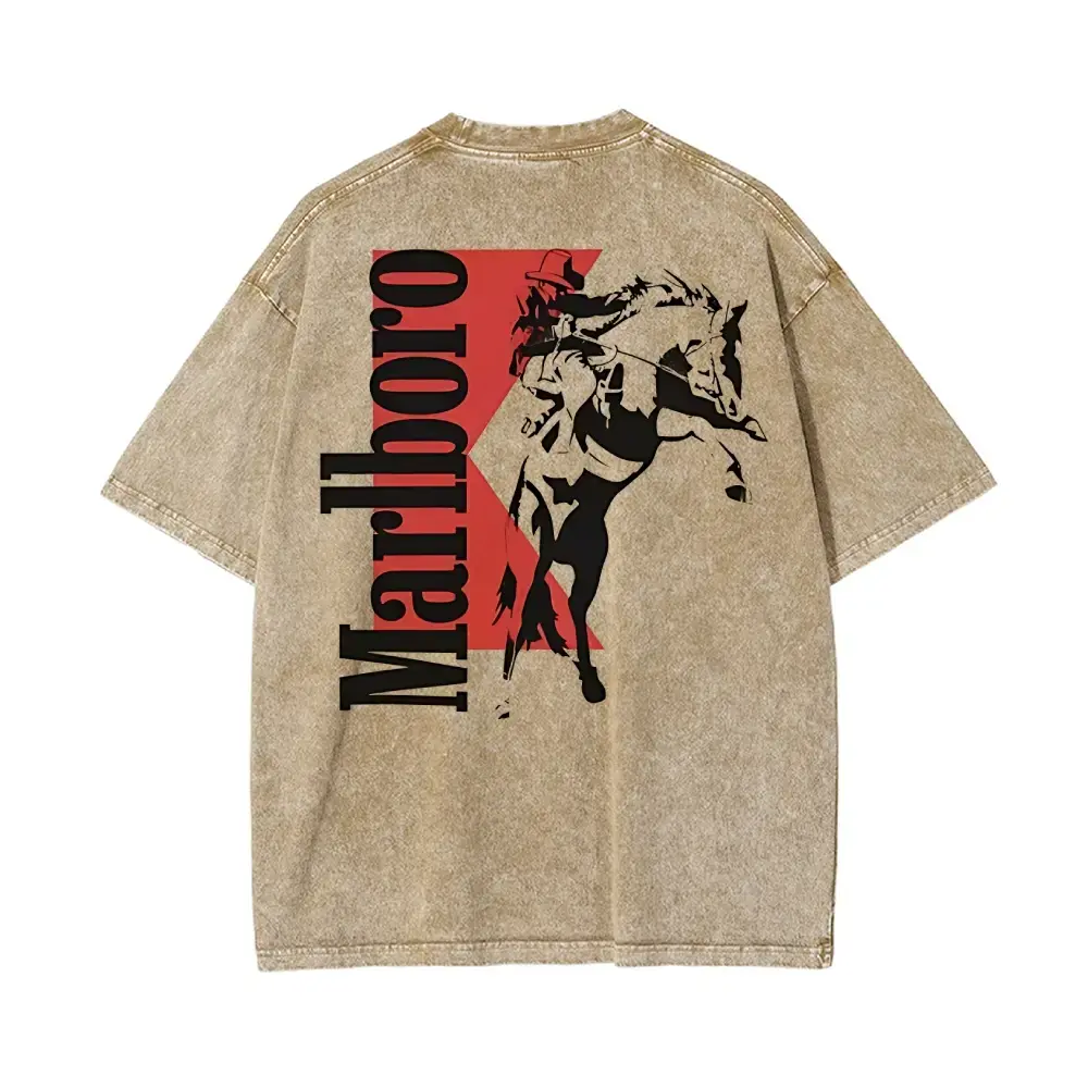 100% Cotton Made in the USA Washed Vintage Marlboro Denim Hooded Pullover - Stylish Bohemian Western Menswear Tops, Casual Unisex Shortleeve Printed Sweatshirt, Perfect Gift for Men