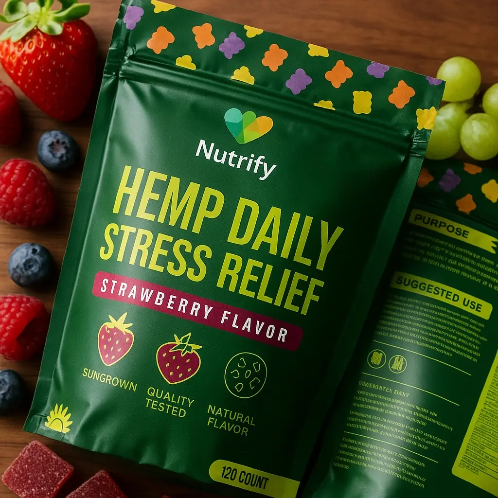 Nutrify Hemp Daily Stress Relief Gummies - Strawberry Flavor, 120 Count with Ashwagandha, Mushrooms & Vitamins - Dietary Health Supplement Natural