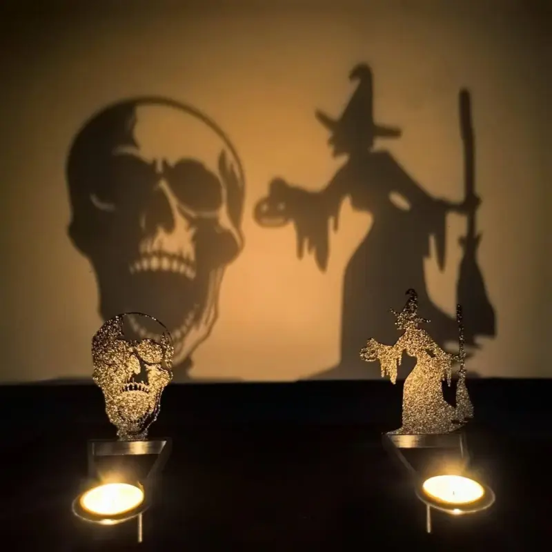 Halloween Shadow Projection Candle Holder - Metal Cutouts Design Tabletop Holder, Spooky Home Decor for Haunted House, Party Lighting, Ideal Gift for Spook Lovers